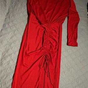 HYFVE Vibrant Red Ruched Long Sleeve Dress